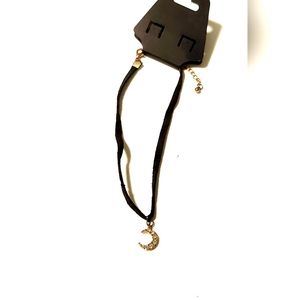 NWT BLACK LEATHER BLINGED GOLD ENAMEL MOON CHOKER NECKLACE!